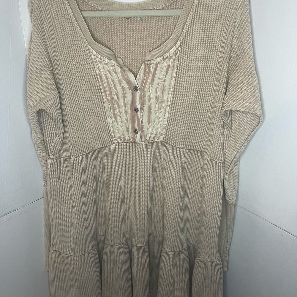 FREE PEOPLE JOLENE Thermal Waffle Knit Button Up Henley Babydoll Dress Sz S - Picture 2 of 6